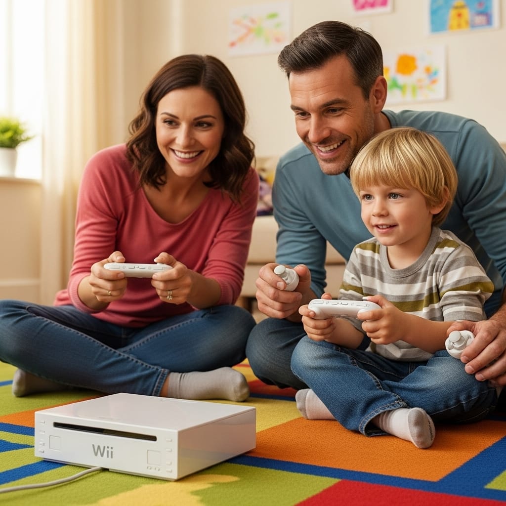 Familia activa y feliz jugando a la Nintendo Wii, destacando sus innovadores controles de movimiento Una familia jugando a la Nintendo Wii en un salón iluminado por el sol, con el padre, la madre y el hijo interactuando con los innovadores controles de movimiento, rodeados de un ambiente acogedor
